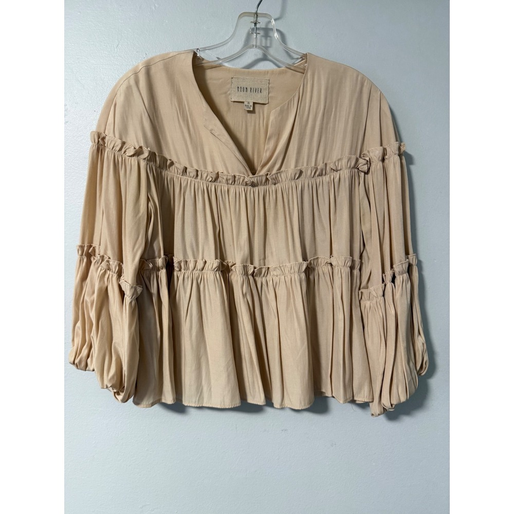 Moon River Anthropologie Beige Tiered Balloon Sleeve Ruffle Blouse‎ XS Tan Top